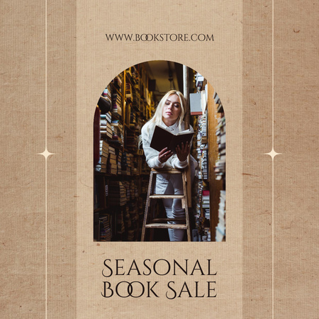 Book Sale Announcement with Woman Reading in Library Instagram tervezősablon