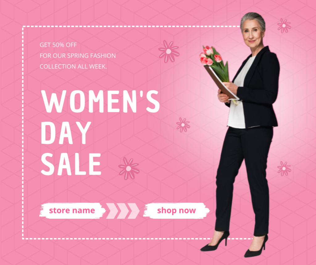 Women's Day Sale Announcement with Woman holding Flowers Facebook Modelo de Design