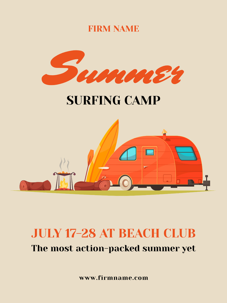 Summer Surfing Camp Offer with Trailer Poster US Modelo de Design
