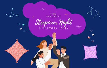 Sleepover Party with Friends and Pillows Invitation 4.6x7.2in Horizontal Design Template