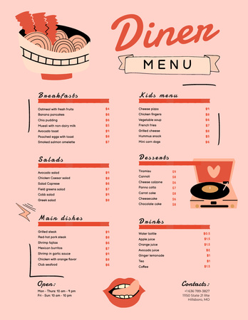 Modèle de visuel Retro Style Pink Diner with Dishes - Menu 8.5x11in