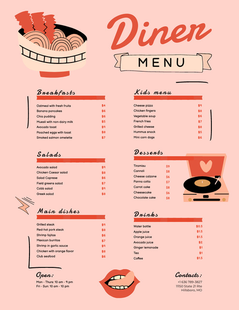 Retro Style Pink Diner with Dishes Menu 8.5x11in Design Template