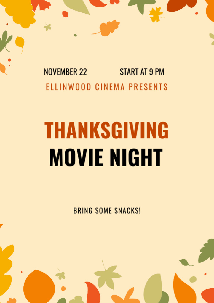 Thanksgiving Movie Night on Orange Autumn Leaves Flyer A7 Design Template