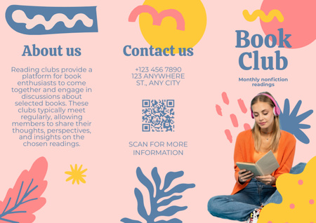 Ontwerpsjabloon van Brochure van Boekenclubuitnodiging met lezende vrouw in koptelefoon