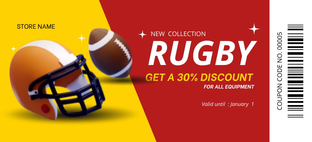 Sale of New Collection of Sports Equipment Coupon 3.75x8.25in Design Template