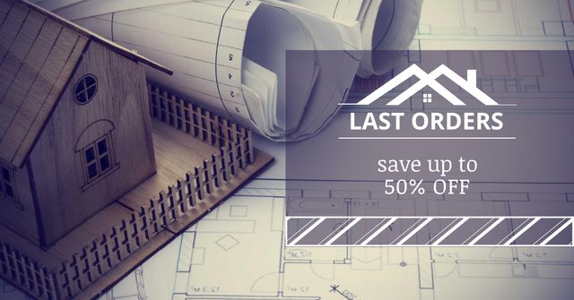 Construction Company Ad with Architectural Blueprints And Discounts Facebook AD Design Template