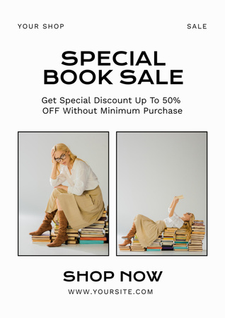 Book Special Sale Announcement with Аttractive Blonde Poster A3 Design Template