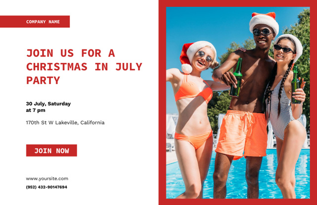 Designvorlage Celebrating Christmas in July near Pool In Swimsuits für Flyer 5.5x8.5in Horizontal