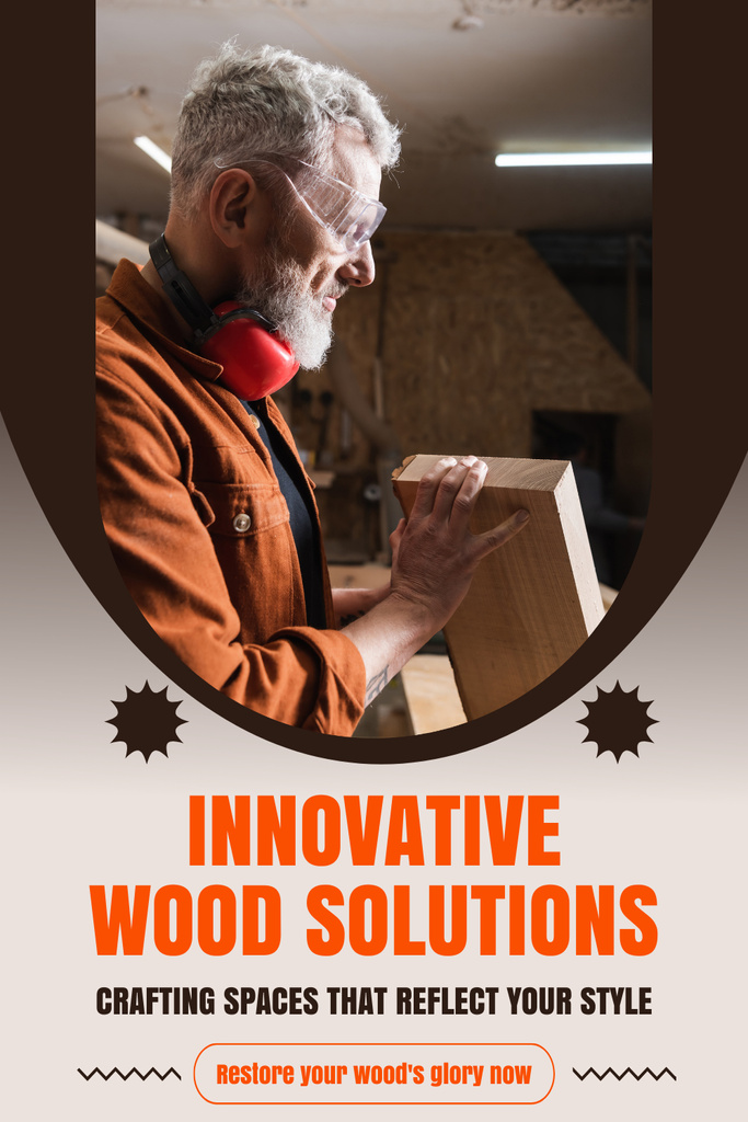 Innovative Woodworking Solutions Ad with Mature Carpenter Pinterestデザインテンプレート