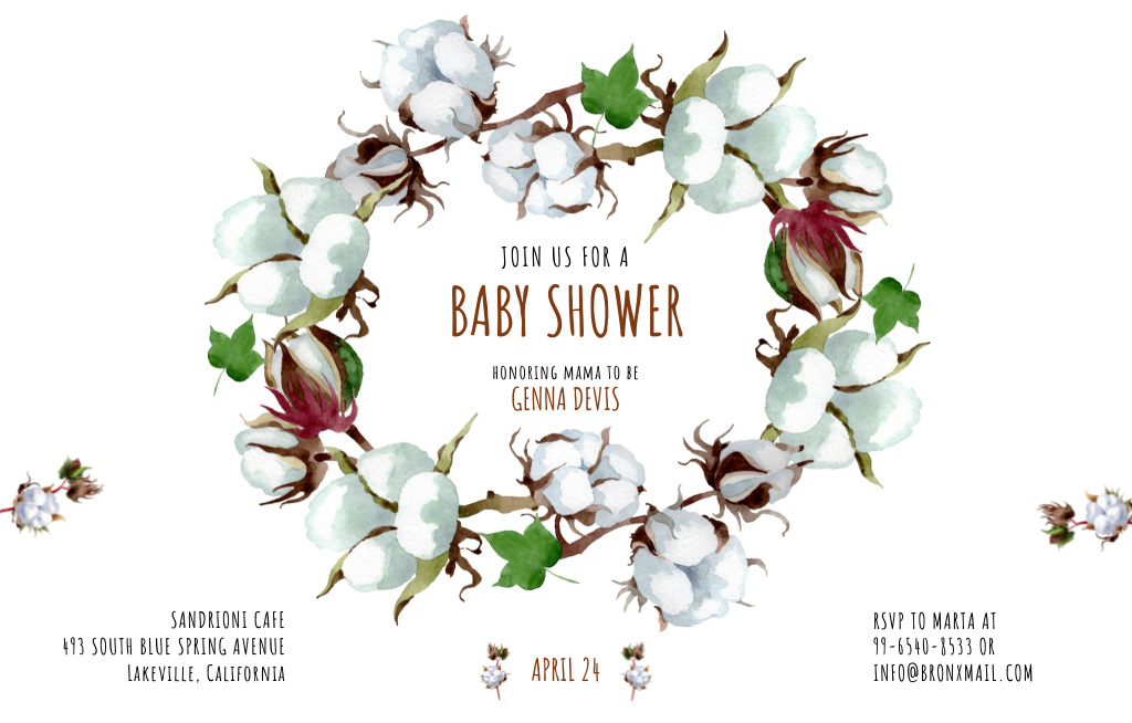 Lovely Baby Shower Event Cotton Flowers Wreath Invitation 4.6x7.2in Horizontal – шаблон для дизайну