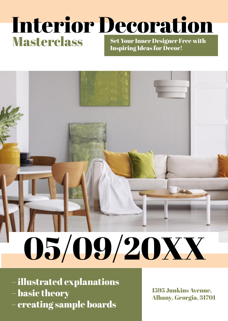 Interior Decoration Masterclass Ad with Modern Living Room Interior Flyer A6 – шаблон для дизайна