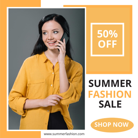 Platilla de diseño Summer Female Clothing Sale with Lady in Yellow Shirt Instagram