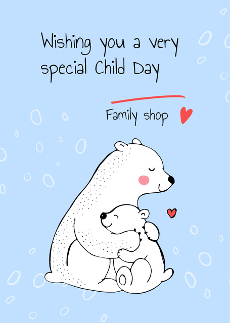 Mother Bear Hugging Cub On Children's Day Postcard A6 Vertical Tasarım Şablonu