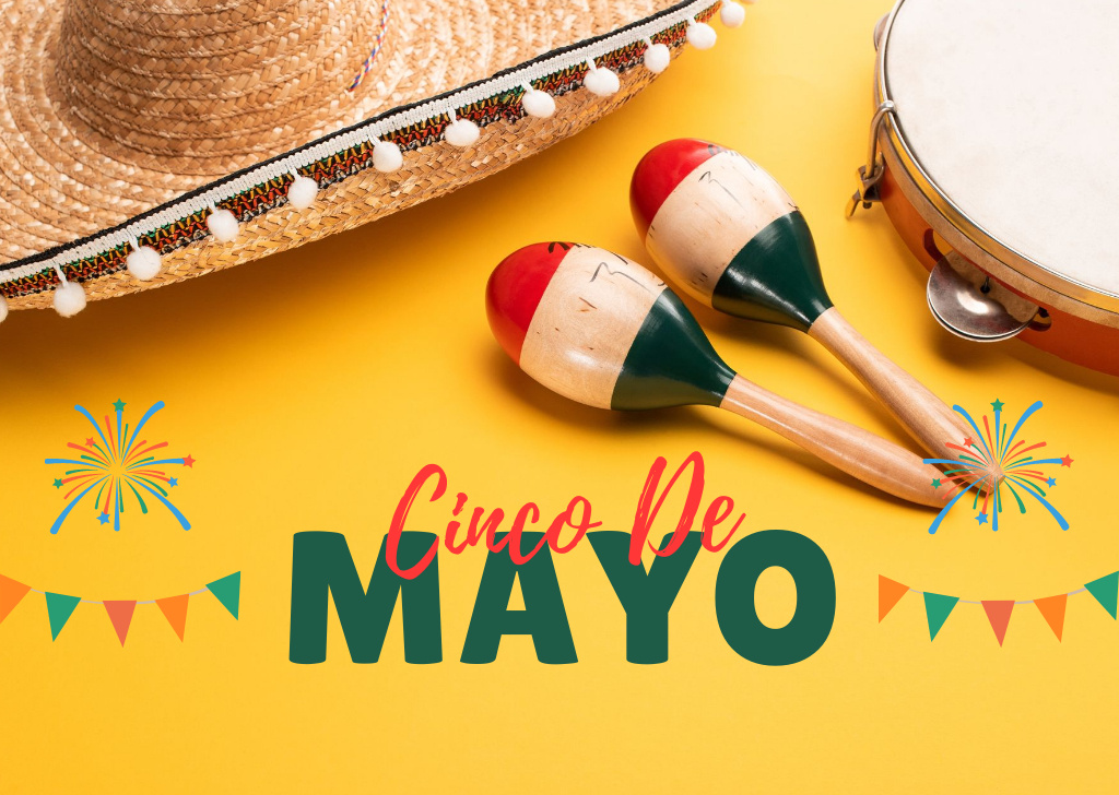 Ontwerpsjabloon van Card van Cinco de Mayo Greeting with Maracas and Tambourine
