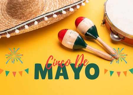 Cinco de Mayo Greeting with Maracas and Tambourine Card Design Template