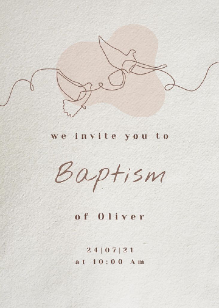 Child's Baptism Announcement with Pigeons Illustration Invitation Design Template