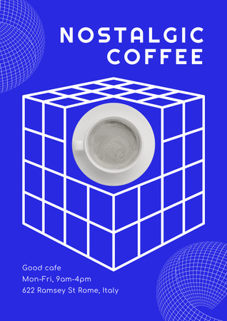 Anúncio psicodélico de cafeteria com cubo branco em azul Poster Modelo de Design