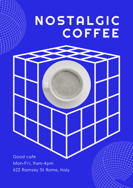 Psychedelic Ad of Coffee Shop with White Cube on Blue Poster Tasarım Şablonu