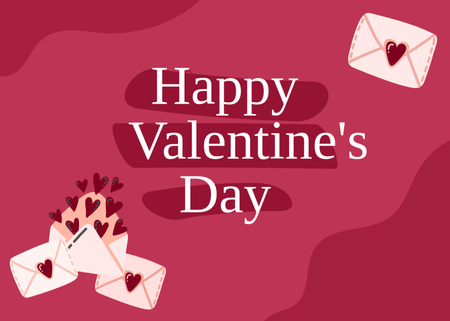 Template di design Happy Valentine's Day Greeting with Envelopes and Red Hearts Postcard 5x7in