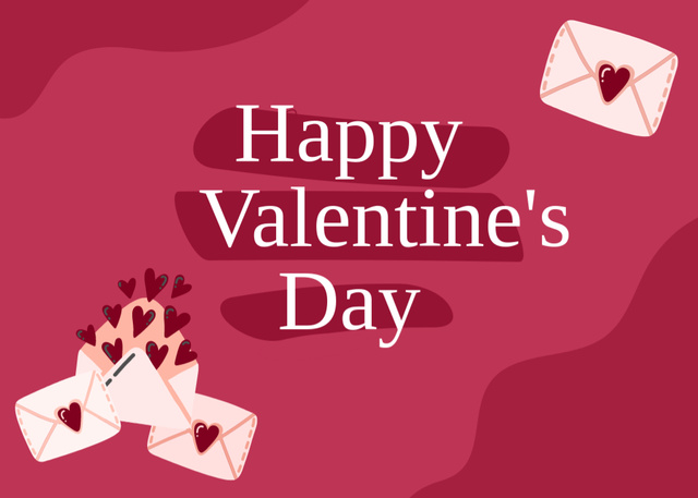 Happy Valentine's Day Greeting with Envelopes and Red Hearts Postcard 5x7in – шаблон для дизайна