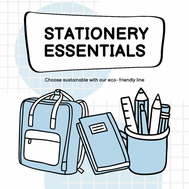Stationery Essentials Ad with Illustration of Backpack Instagramデザインテンプレート