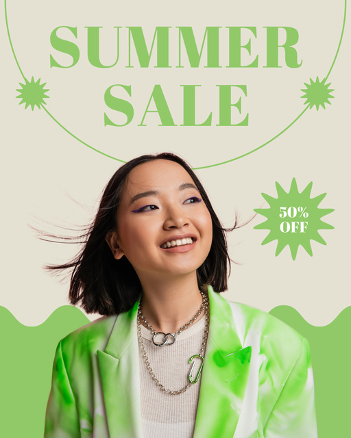 Asian Woman on Summer Fashion Sale Ad Instagram Post Vertical tervezősablon