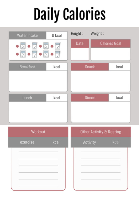 Plantilla de diseño de Daily Calories and Health Nutrition Notes Schedule Planner 