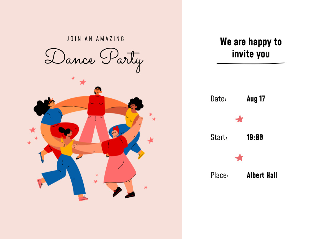 Designvorlage Party Announcement With People Dancing In Circle für Invitation 13.9x10.7cm Horizontal
