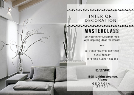 Interior Decoration Masterclass Ad with Cozy Corner Couch in Grey Flyer A6 Horizontal tervezősablon
