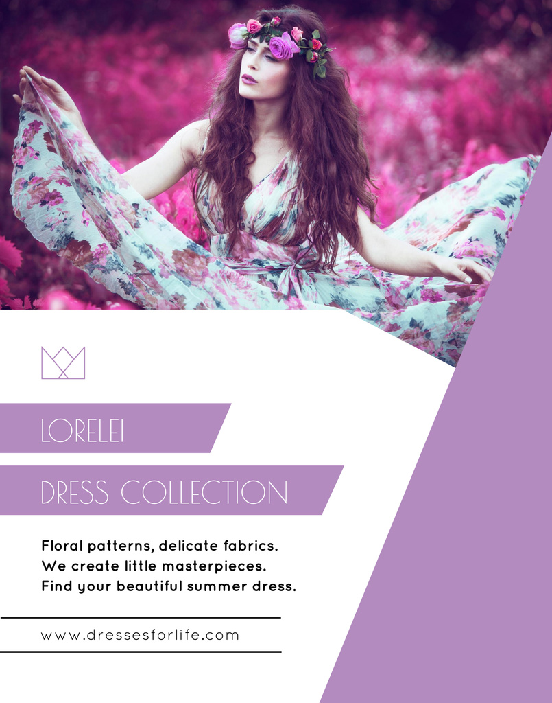 Template di design Fashion Ad with Woman in Floral Purple Dress Poster 22x28in