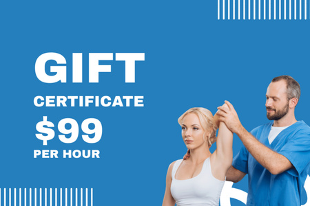 Male Physiotherapist Stretching Arm of Female Patient Gift Certificate Design Template