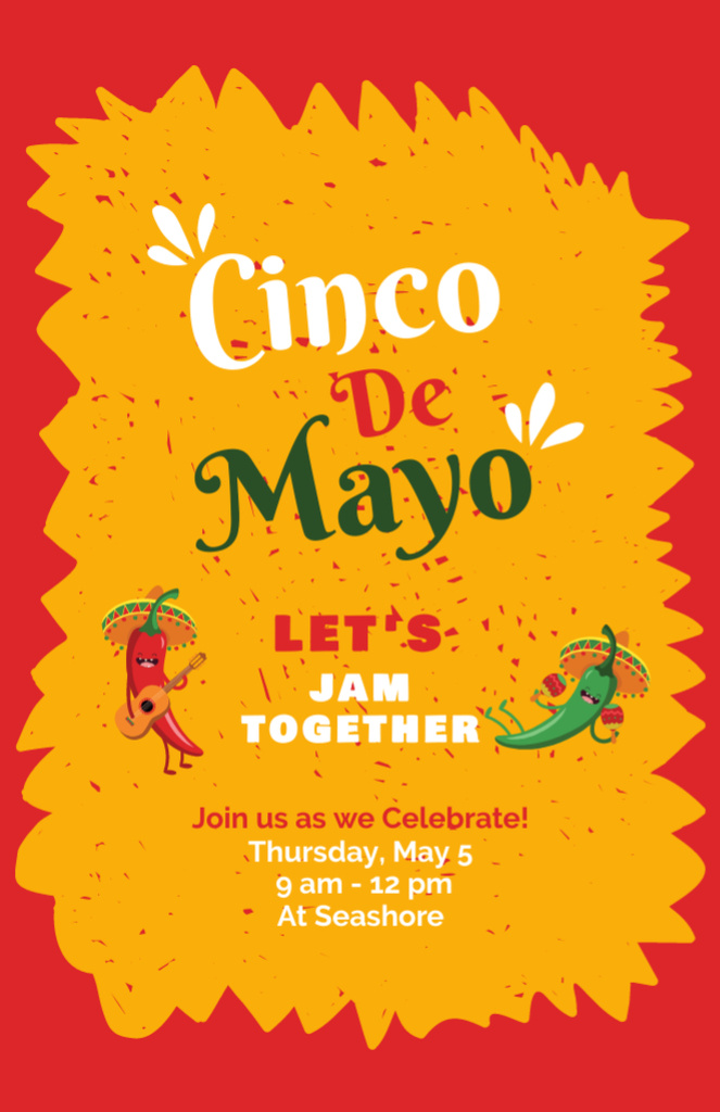 Cinco de Mayo Ad with Two Funny Peppers in Orange Invitation 5.5x8.5in Design Template