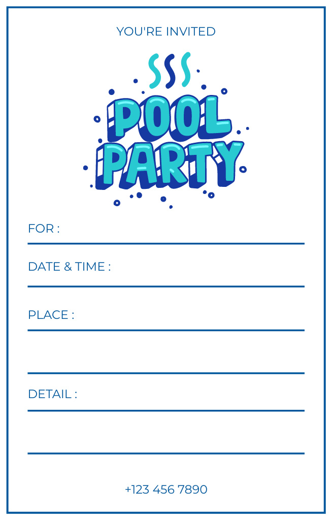 Plantilla de diseño de Pool Party Announcement with Blue Letters Invitation 4.6x7.2in 