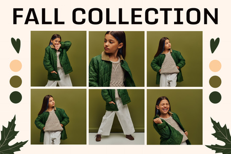 Őszi ruha kollekció gyerekeknek zöld kabáttal Mood Board tervezősablon