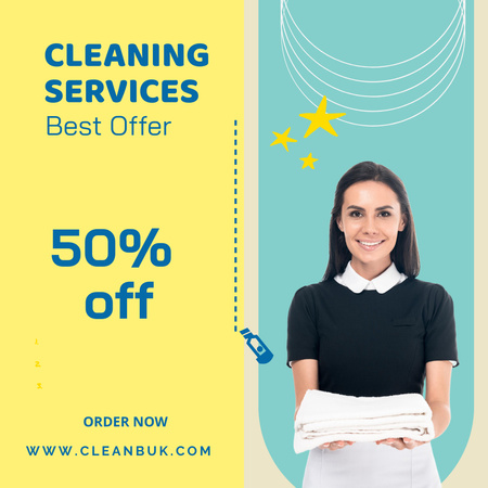 Cleaning Services Offer with a Smiling Maid Instagram AD tervezősablon