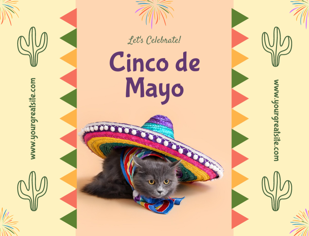 Plantilla de diseño de Cinco De Mayo with Cat in Sombrero and Cactus Postcard 4.2x5.5in 
