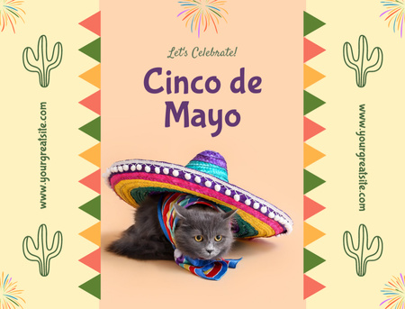 Cinco De Mayo with Cat in Sombrero and Cactus Postcard 4.2x5.5in – шаблон для дизайну