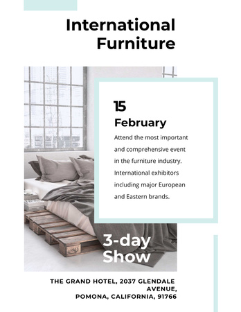 Furniture Show Announcement with Bedroom in Grey Color Flyer 8.5x11in Šablona návrhu