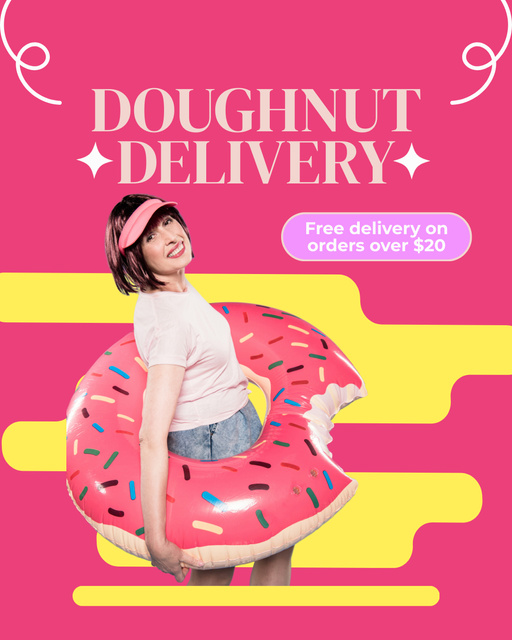 Plantilla de diseño de Doughnut Delivery with Smiling Woman in Inflatable Ring Instagram Post Vertical 