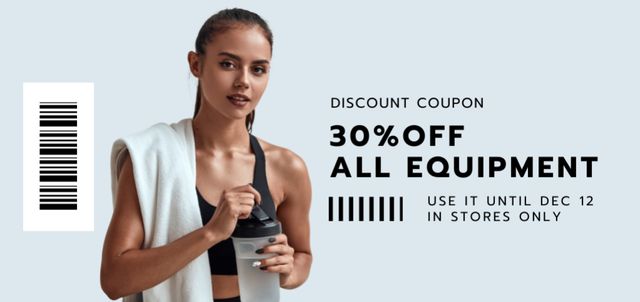 Designvorlage Sports Equipment Offer with Athletic Woman für Coupon Din Large