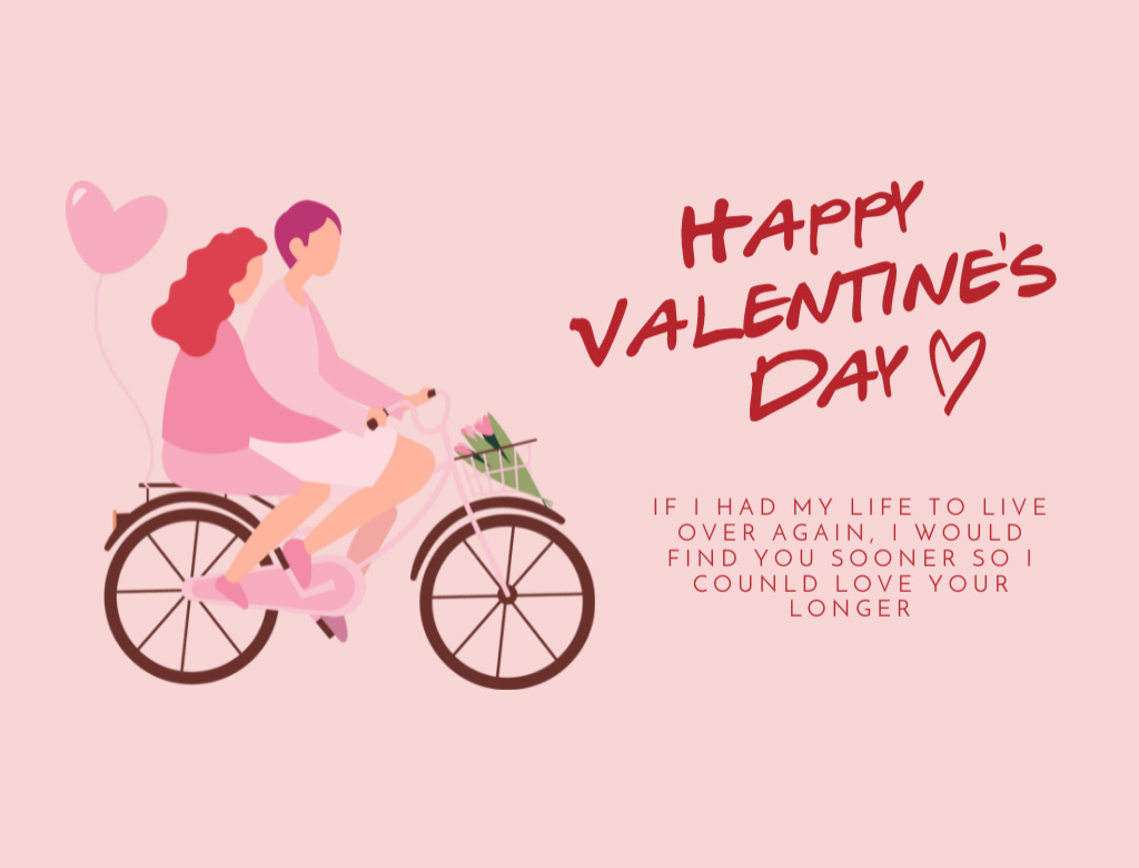Designvorlage Cute Valentine's Day Greeting With Couple On Bicycle für Postcard 4.2x5.5in