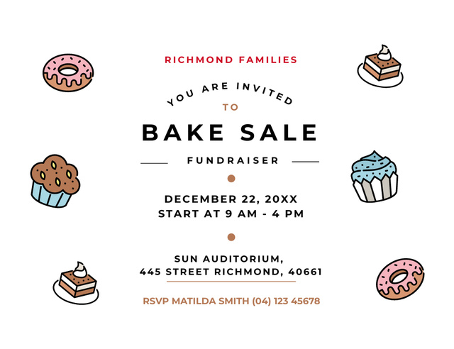 Bakery Sale Fundraiser With Cupcakes Invitation 13.9x10.7cm Horizontal Design Template