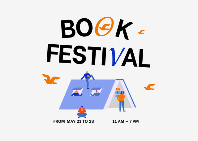 Plantilla de diseño de Book Festival Announcement with Birds and People Flyer A6 Horizontal 