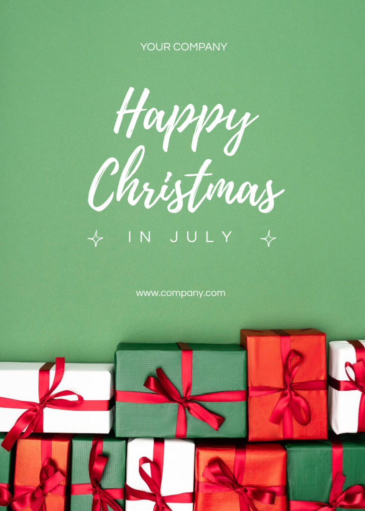 Plantilla de diseño de Joyful Christmas In July Congrats With Presents Postcard 5x7in Vertical 