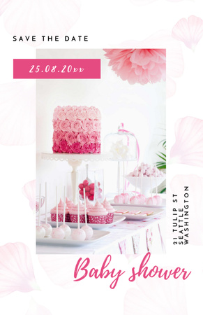 Szablon projektu Baby Shower Announcement with Pink Cake and Flowers Invitation 5.5x8.5in
