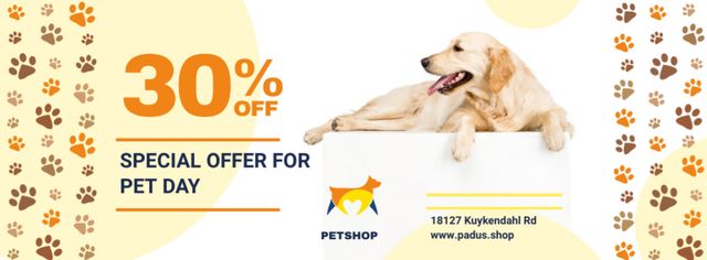 Pet Day Offer with Golden Retriever and Paws Icons Facebook cover Modelo de Design