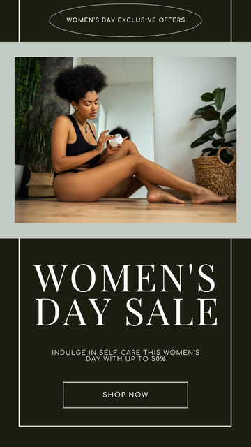Modèle de visuel Women's Day Sale Announcement with Woman applying Cream - Instagram Story