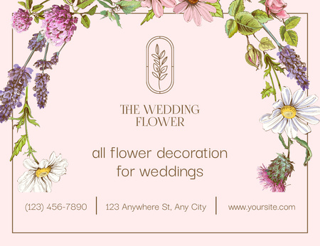 Düğün için Çiçek Dekorasyonu Thank You Card 5.5x4in Horizontal Tasarım Şablonu
