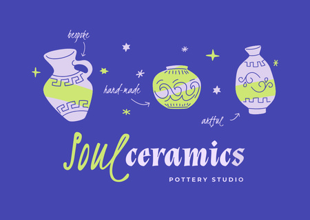 Designvorlage Werbung für Töpferstudios mit Illustration von Keramiktöpfen mit Ornamenten für Flyer A6 Horizontal