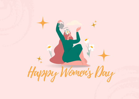 Women's Day Greeting with Beautiful Woman in Stars Card Design Template